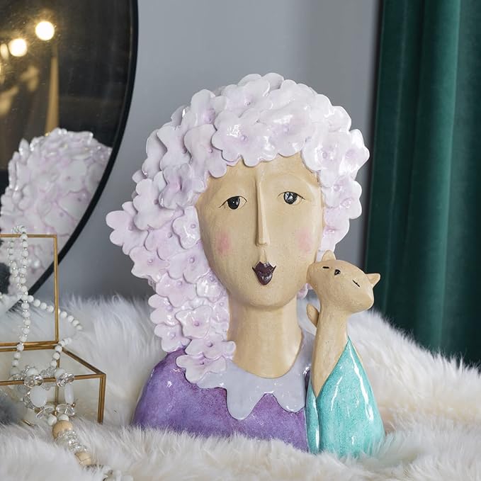DiliComing Garden-Statues Women-Head Statues for Home Decor - 13 Inch Women with Cat Modern Art Statue, Resin Cat Sculptures for Garden, Tabletop, Livingroom and Office(Purple)