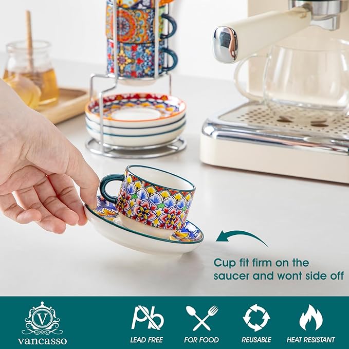 vancasso 2.5 Oz Stackable Espresso Cups with Saucers and Metal Stand Set of 4,Bohemian Ceramic Cappuccino Cups - Microwave and Dishwasher Safe, Perfect For Tea, Espresso, Latte, Cafe-01