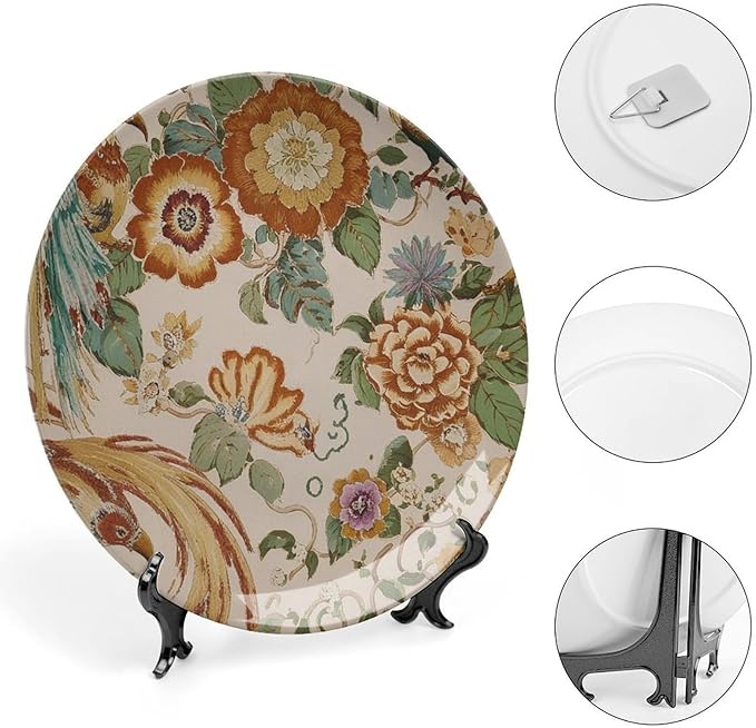 Peony Garden Orange & Green Thibaut Floral Vintage Plates Decor for Club Table Household Personalized Birthday Idea Gifts Ceramic Dinner Plate with 1 Display Stand, Multi Sizes by Choosing