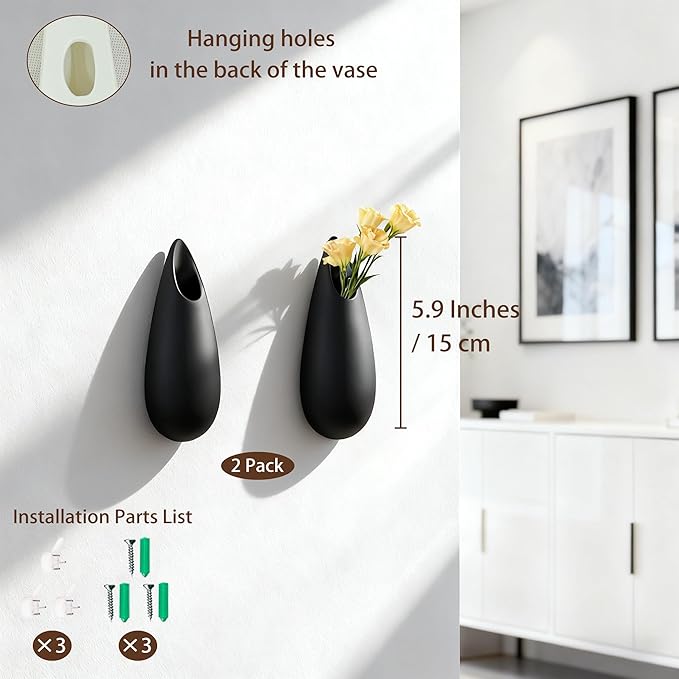 Sculptural Wall Ceramic Vase — 2 Pack Black Hanging Sconce Vase | Turn Flowers into Art — Decorative Ceramic Wall Sconce for Single Stem Displays