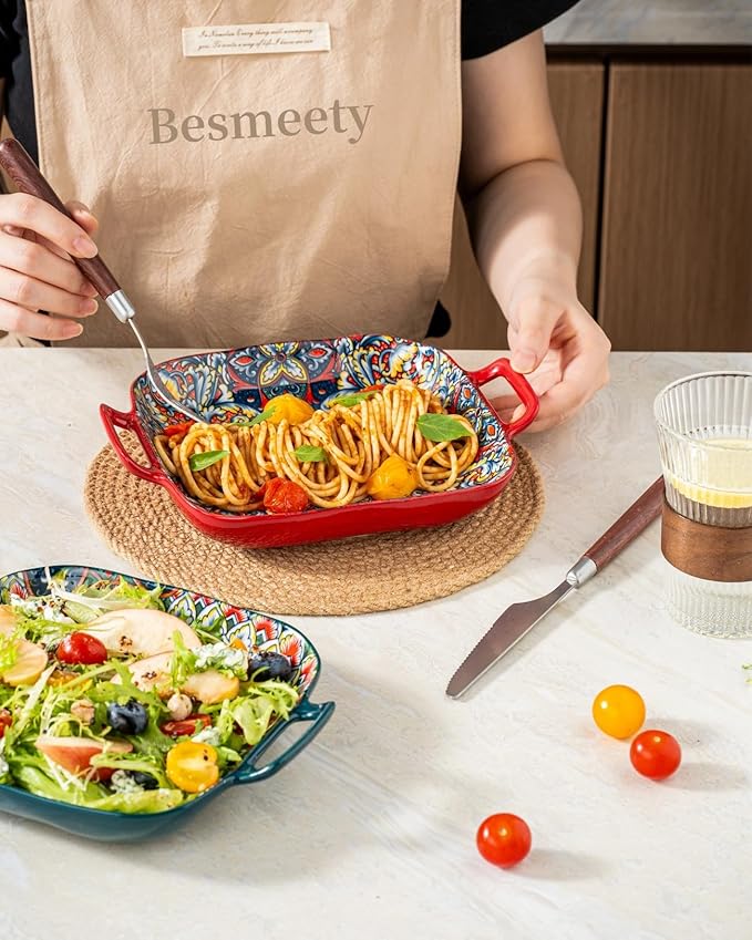 Besmeety Square Pasta Bowls with Handle, Boho Salad Serving Bowls Set of 2, Ceramic 7.09" Pasta Plates for Housewarming Present, Party (Green+Red)