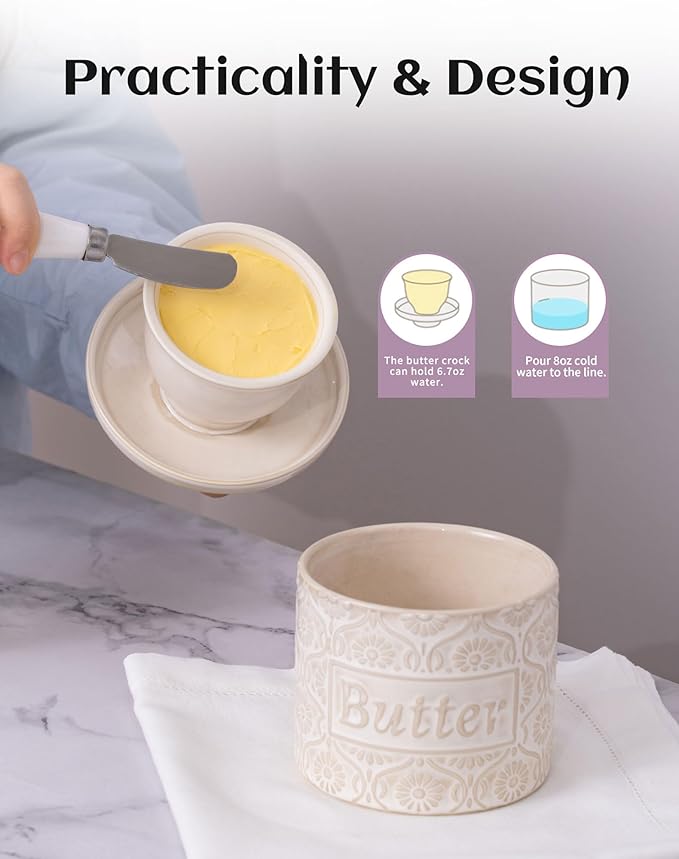 TEATALK Ceramic French Butter Crock - Vintage Relief Pattern Butter Keeper with Water Seal, 6.7oz Creamy White Butter Dish for Fresh Spreadable Butter, Farmhouse Kitchen Decor & Gift