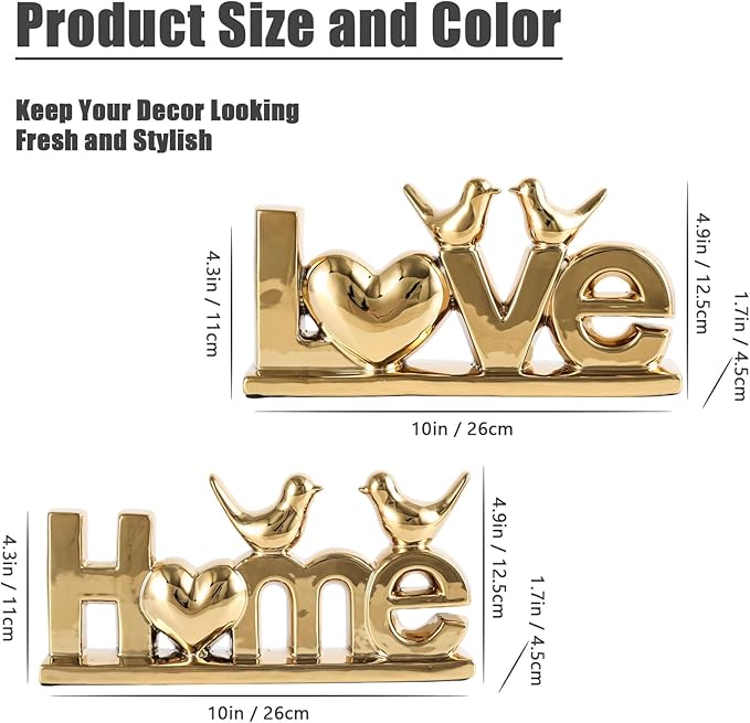 Ceramic Love & Home Sign Decor with Bird Statues Set 2,10" Modern Gold Tabletop Sculptures for TV Stand,Floating Shelf & Entryway,Romantic Wedding & Warm Housewarming Gift Set (Gold)