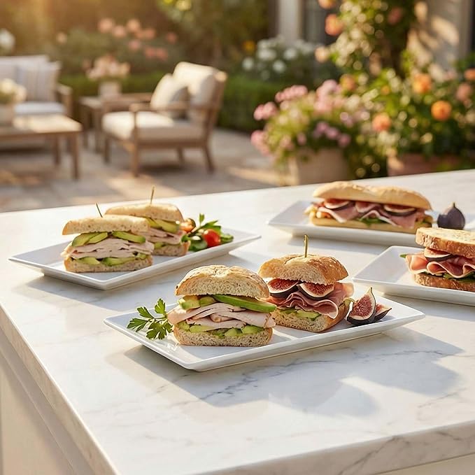 12" Serving Platters Set of 4, White Rectangular Plates, Ceramic Serving Tray, Stackable Large Party Plates for Appetizer, Dessert, Steak, Sushi, Housewarming Gift, Oven Dishwasher Safe
