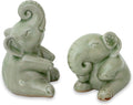 NOVICA Artisan Handmade Celadon Ceramic Statuettes Sculptures Pair Green Thailand Hemlock Limpet Shell Animal Themed Elephant [3.5in H x 3.2in W x 2.4in D 2.6in H x 3in W x 2.4in D] ' Happy Green