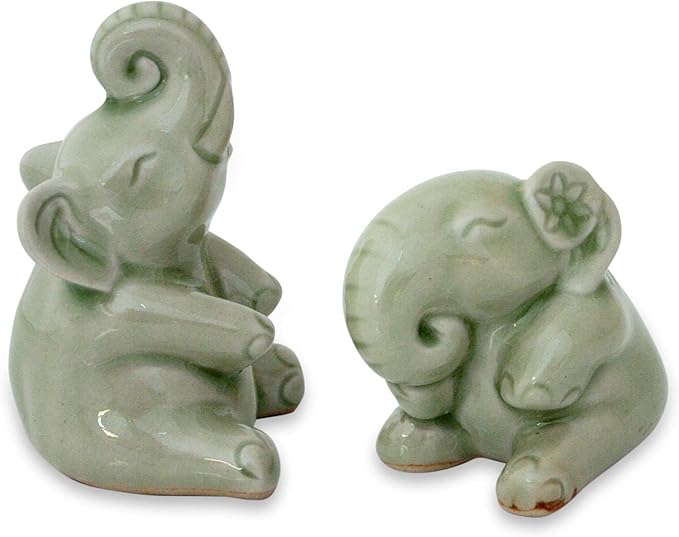 NOVICA Artisan Handmade Celadon Ceramic Statuettes Sculptures Pair Green Thailand Hemlock Limpet Shell Animal Themed Elephant [3.5in H x 3.2in W x 2.4in D 2.6in H x 3in W x 2.4in D] ' Happy Green