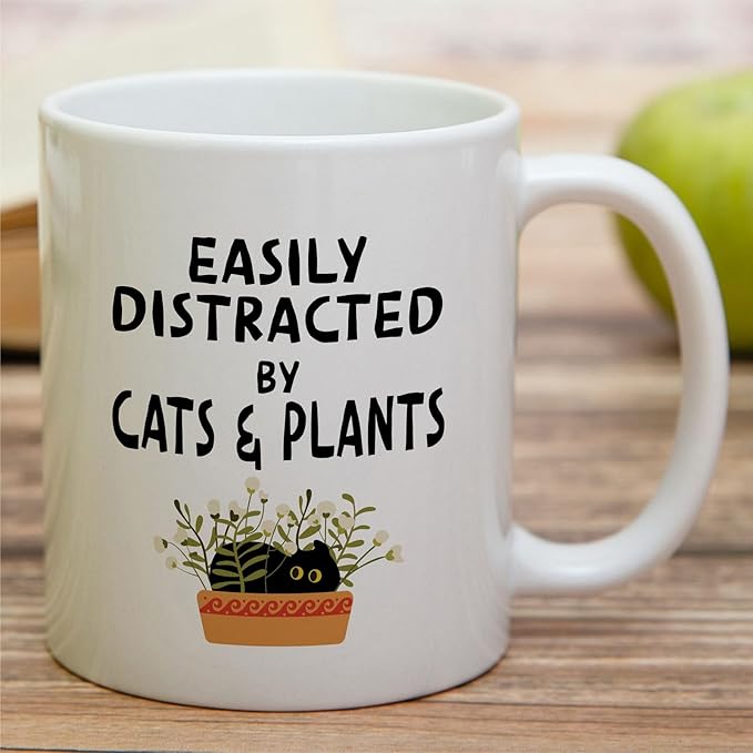 Retreez Funny Cat and Plant Lover Mug - Easily Distracted by Cat and Plants - 11 Oz Ceramic Coffee or Tea Cup - Hilarious Gift for Gardener, Cat Owner, Plant Lady - Birthday, Appreciation Gift For Mom