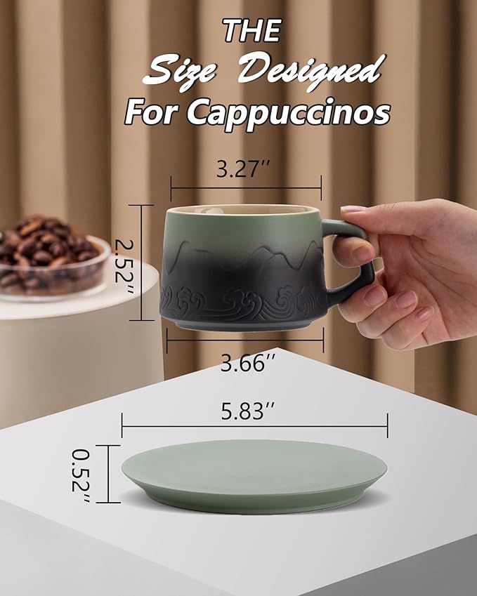 ZENS 8 Ounce Artistic Cappuccino Cups Set of 2, Embossed Ceramic Coffee Mug with Saucers for Latte Art, Moss Green & Black