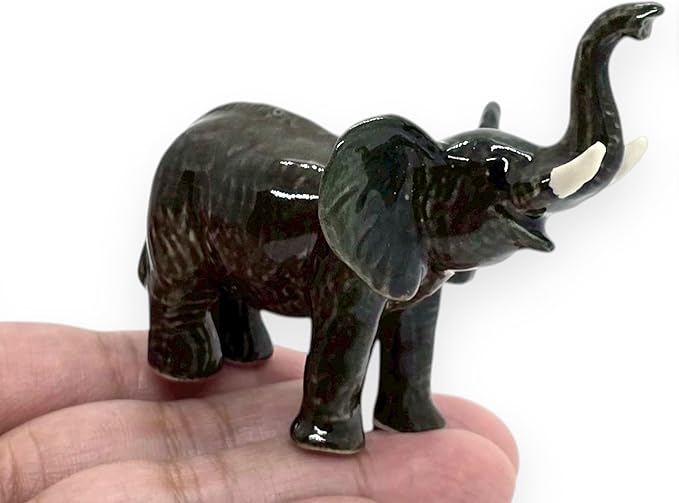 ChangThai Design Tiny 2½" Black Elephant Standing Lift Trunk Figurine - Miniature Hand Made Painted Ceramic Asian Elephants Cute Wildlife Animals Porcelain Decorative Collectible Figurines Décor Gifts