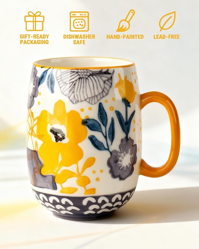 Large 24oz Ceramic Coffee Mug with Handle for Coffee or Tea, Hand-Painted Floral Pottery Mug for Women, Durable Microwave & Dishwasher Safe, Christmas Gift for Family, Holiday & Fall Decor
