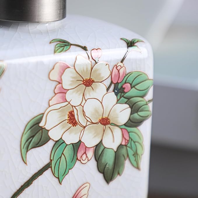 Ceramic Soap Dispenser, Lotion Bottle, Soap Bottle with Removable Pump, Flower Pattern Dispenser for Kitchen Soap, Bathroom Soap, Lotion and Essential Oil-Beige-13 OZ