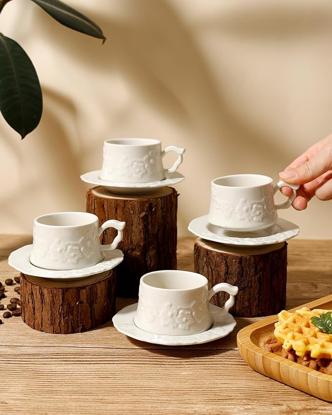 Ceramic Espresso Cups and Saucers Set of 4, Floral Petal Design Cappuccino Cups with Handles, Vintage Style Porcelain Coffee Cup Set, Microwave & Dishwasher Safe(Cream-Flower)