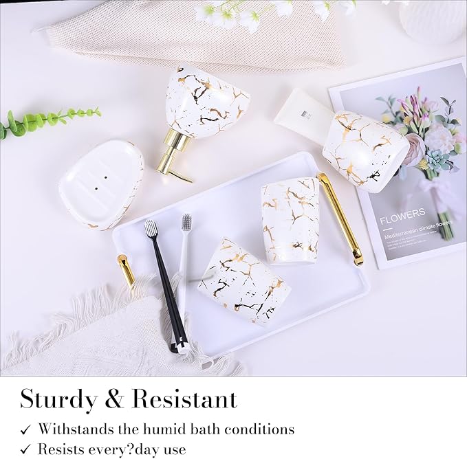 Ceramics White Bathroom Accessories Set,Gold Marble Look Bathroom Decor,Modern 6 Piece Bathroom Accessory Set,Complete with Soap Dispenser,Toothbrush Holder,Tumbler,Tray Countertop