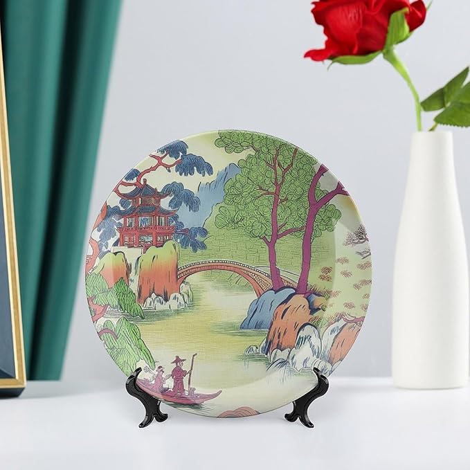 Chinoiserie Toile Ceramic Decorative Plate, Custom Green And White Chinoiserie Pagoda Toile Asian Ceramic Dinner Plates, Household Decorations Festival, Including Bracket And Special Hook