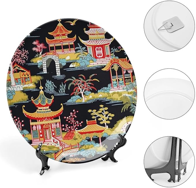 China Plates Chinoiserie Charcoal Coral Pagoda Asian Customize Decor for Wedding Farmhouse Art Decoration Kitchen Blue And White Plates with Vertical Stand, Multi Sizes, Gifts for Men Women