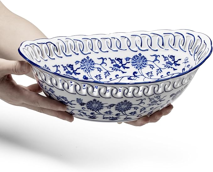 12" Extra Large Blue and White Porcelain Fruit Bowl for Kitchen Counter or Home Decor, Fruit & Vegetable Holder, Large Ceramic Fruit Bowl for Home Decorative Centerpiece