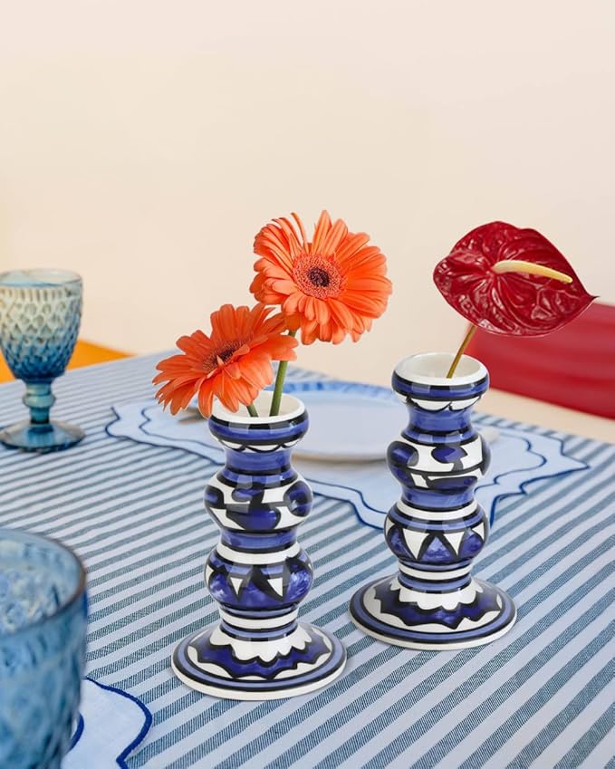 Vixdonos Painted Ceramic Vase Colorful Bud Vase Set of 3 Small Flower Vase Rustic Mini Vases in Bulk for Home Decor, Wedding and Dinner Party(Blue)