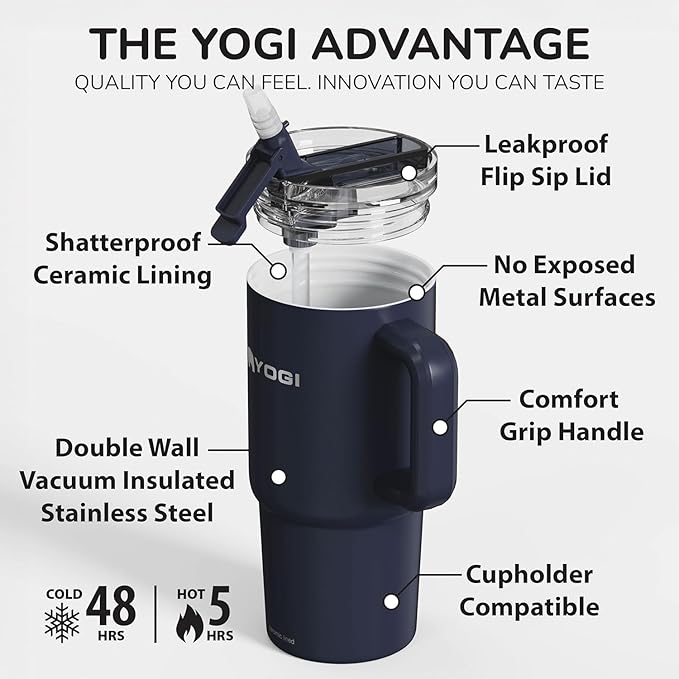 YOGI Ceramic Lined Metal Allergy Safe 24oz Tumbler with Handle and Straw Leakproof Flip & Sip Lid Vacuum Insulated Stainless Steel Travel Cup for Iced Coffee Water and All-Day Hydration 24oz Eclipse