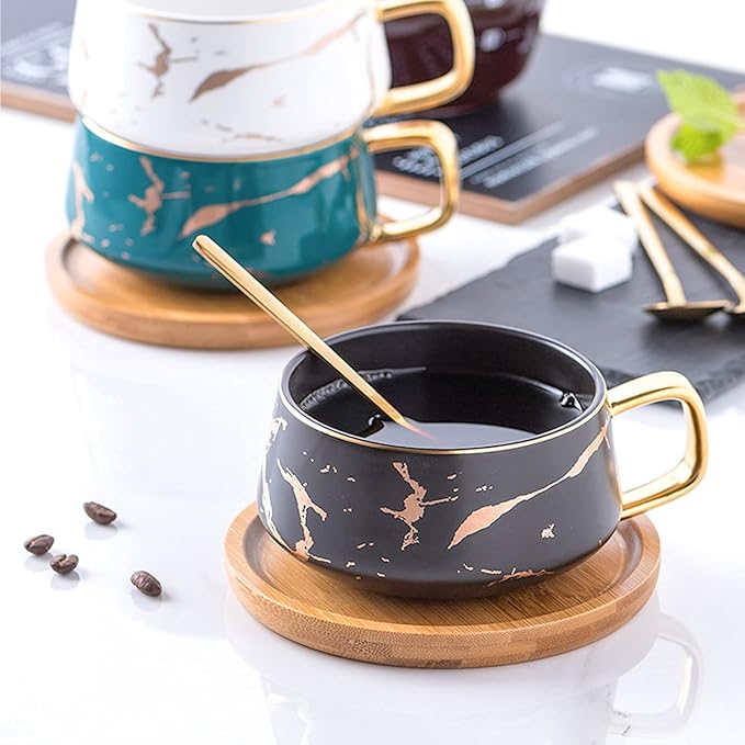 LUCCK 12oz Ceramic Marble Tea Cup with Wooden Saucer Ceramic Coffee Cup Cappuccino Cup Luxury Gold Inlay Fashion Marble Pattern for Women(Black)