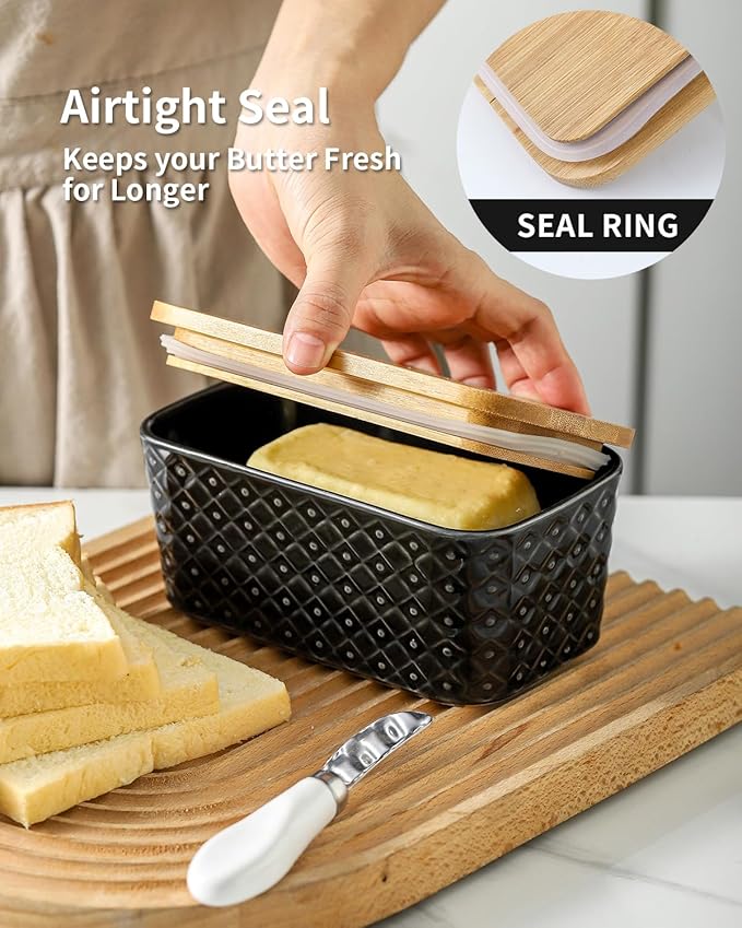 Hasense Ceramic Butter Dish with Lid, Black Large Butter Container for Countertop Airtight Butter Stick Covered Keeper, Embossed Pattern,Easy Clean Dishwasher Safe