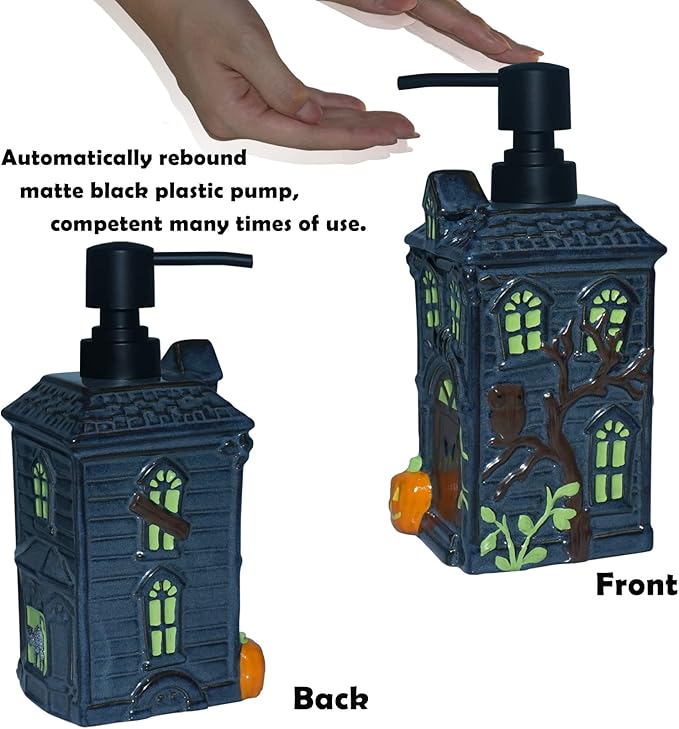 Haunted House Soap Dispenser,Refillable Halloween Liquid Hand Soap Dispenser for Bathroom, Kitchen Sink - Black