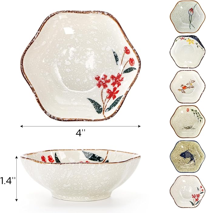 12 Pieces Japanese Sauce Dishes, 4 Oz Ceramic Side Dish Set, Small Flower-shaped Seasoning Soy Dipping Bowl Plate for Sushi, Snack, Appetizer, Kitchen Prep, 6 Patterns