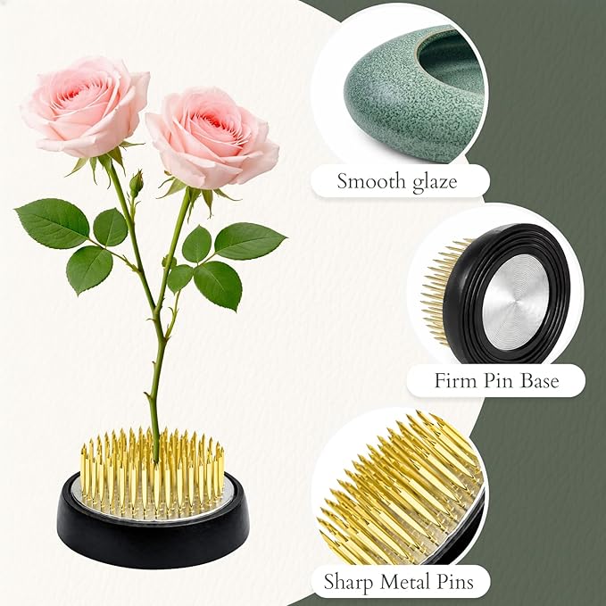 Japanese Flower Frog Vase Set – Japanese Artisan Celadon Glaze Flower Vase with Flower Frog, Modern Flower Arrangement Pot for Living Room Decor & Art Supplies, Gift Box for Flower Lover