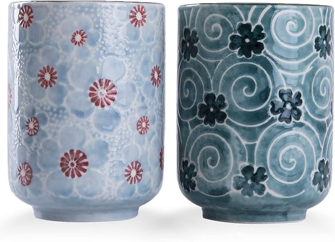 WHJY 10oz Transitional Chinese/Japanese style Handle-less Ceramic Tea cups teacup, Cherry Bloom and Geometric Pattern Set of 2