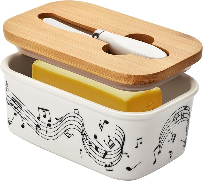 Pretty Sunflower Large Butter Dish with Lid for Countertop,Ceramic Covered Butter Holder with Knife for Fridge, Airtight Butter Keeper Container Storage for East West Coast Butter,White