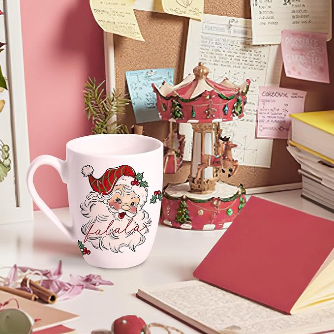 Christmas Santa Claus Ceramic Coffee Mug, 13 oz Novelty Xmas Tea Cup with Handle, Winter Holiday Gifts for Friends Women Men, Holly Berry Drink Mugs Microwave and Dishwasher Safe