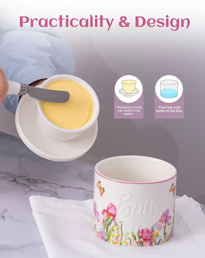 TEATALK French Butter Keeper - Vintage Boho Ceramic Butter Crock for Counter, Colorful Floral Porcelain Butter Dish with Lid, Stay Soft Spreadable Butter Container, 6.7 oz Aesthetic Kitchen Decor