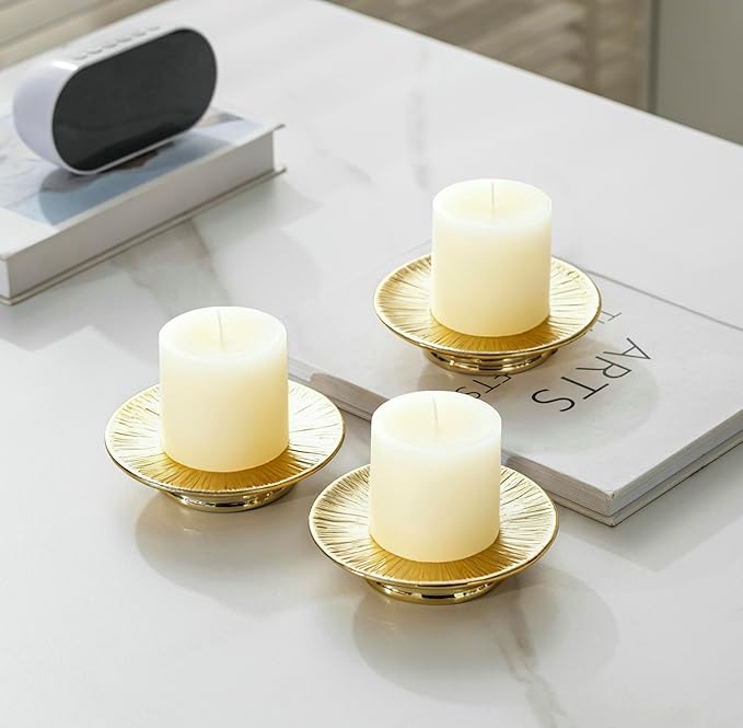 Ceramic Gold Candle Plate Set, 3-Piece – Decorative Candle Holder Tray for Pillar Candles, Jewelry, Trinkets or Bathroom Counter – Elegant Gold Finish for Tabletop & Home Décor