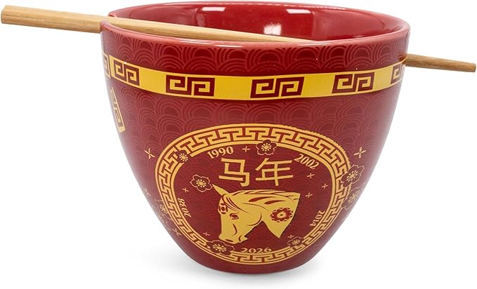 Boom Trendz Year Of The Horse Chinese Zodiac Ceramic Dinnerware Set | Includes 16-Ounce Ramen Noodle Bowl and Wooden Chopsticks Asian Food Dish For Home & Kitchen Kawaii Lunar New Gifts red One Size