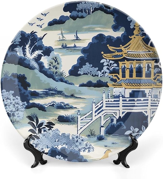 Blue And White Chinoiserie Pagoda Ming Toile Asian China Plates for Display Display Wedding Supplies Art Decoration Festival Holiday Party Decorations Personalized Gifts for Men Women Anniversary