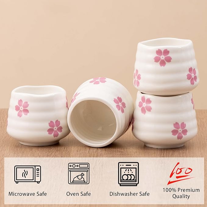 4pcs Japanese Tea Cup Set – 160ml 5.4OZ Ceramic Matcha Cup, Small Handless Espresso Cups, Cute Coffee Mugs for Valentine (Sakura)