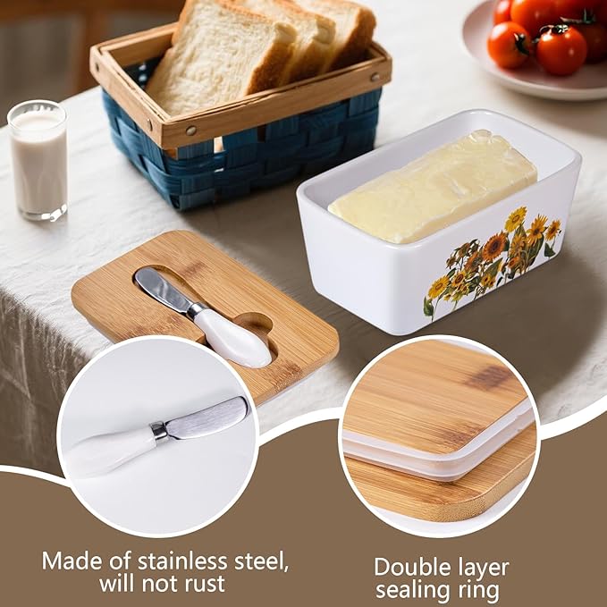 Sunflower Butter Dish with Lid,Large Butter Crock Keeper Saver,Ceramic Butter Container for Countertop with Highly Sealed Silicone Thick Wooden Lid for Kitchen Farmhouse Decor (White, Sunflower)