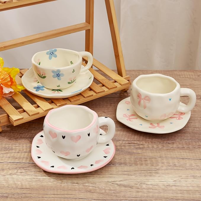 Koythin Ceramic Coffee Mug with Saucer Set, Cute Sweet and Cool Love Cup Unique for Office and Home, 10 oz/300 ml for Latte Tea Milk