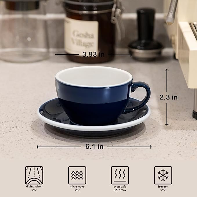 Loveramics Cappuccino Cup with Saucer, 8 oz Ceramic Coffee cup with Round Bottom for Cappuccino, Latte, Tea, Espresso, Thick-walled Stoneware Cup Set for Barista - Regular Colours (Denim, 8OZ)