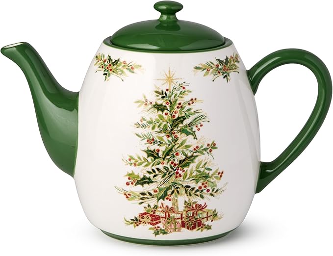 Holly Tree Christmas Teapot – 36oz Ceramic Holiday Teapot with Classic Tree Design, Perfect for Winter Tea Service, Decorative and Functional, and Collectible