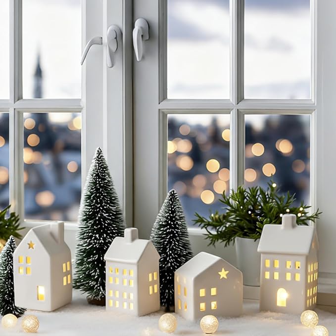 7 Pcs Ceramic Christmas Village Set 4 LED Light up White Ceramic Village Houses with 3 Xmas Trees Xmas Figurines for Farmhouse Rustic Indoor Home Mantel Table DIY Display Holiday Decoration
