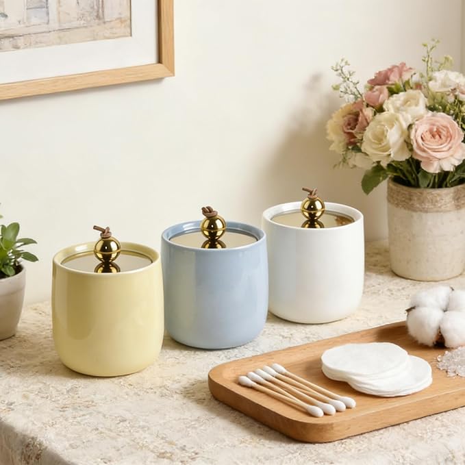 2 Pack Ceramic Qtip Holder Dispenser with Gold Lids, Blue Apothecary Jars Bathroom Vanity Organizer for Home Decor Bathroom Canister for Cotton Swabs, Rounds, Balls, Makeup Sponges, Bath Salts