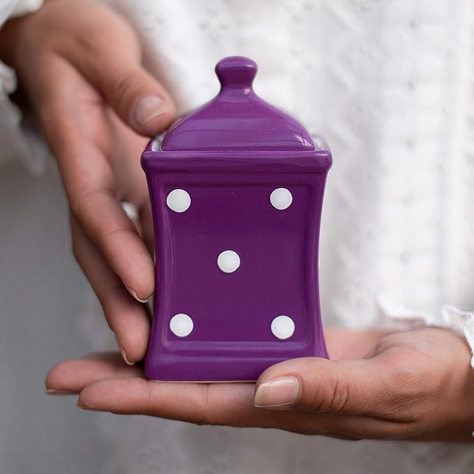 City to Cottage Handmade Small 5.3oz/150ml Ceramic Kitchen Herb, Spice, Storage Jar with Lid, Pottery Canister, Housewarming Gift (Purple Polka Dot)
