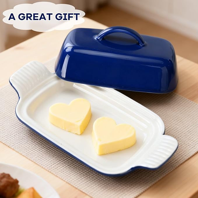 Qinyoung Ceramic Butter Dish with Lid for Countertop Extra Large Elegant Butter Dish Tray with Handle Durable Heavyweight Glazed Ceramic Kitchen Container Keeper Non-slip Base Minimalist(Blue)