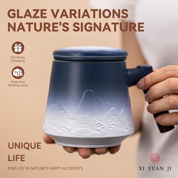 Ceramic Tea Mug with Infuser & Lid, 15oz Kiln-Transformed Unique Cup – Nature's Artisan Design, Loose Leaf Tea Cup with Infuser, Insulated Ceramic Coffee Mugs with Lid, Gift for Women/Men