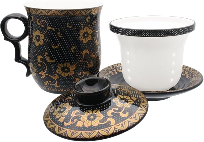 Porcelain Tea Cup with Infuser Lid and Saucer Sets - Chinese Jingdezhen Ceramics Coffee Mug Teacup Loose Leaf Tea Brewing System for Home Office