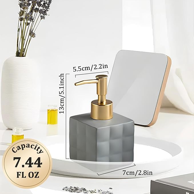 Hand Soap Dispenser Dish Cube Soap Dispenser Countertop 7.44 FL OZ. /220 ML Hand Lotion Pump Bottle Ceramic Lotion Container Liquid Hand Soap Jar Shower Dispenser Kitchen Bathroom Décor (Gray)