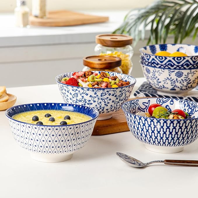 Ceramic Soup Bowls Set - 24 Oz Porcelain Deep Cereal Bowl - 6 Inch Large Dinner Bowl Kitchen Eating Pasta Salad Rice Oatmeal Noodle Snack - Microwave Dishwasher Safe - Set of 6 - Vintage Blue