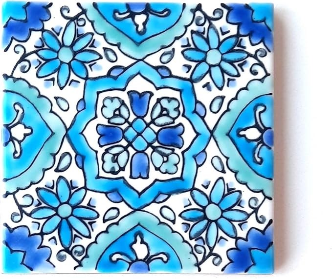 DŸARI Decorative Ceramic Tiles – Hand Painted Indoor & Outdoor Floor Tiles – Spanish Artisan Tile Top Kitchen – Mediterranean Decorative Tiles 4” × 4” – Durable Colorful Floor Tiles – 140 g (Eau V 9)