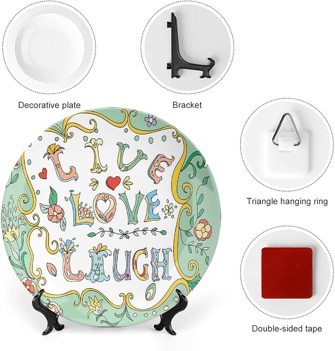 XISUNYA 8 Inch Decorative Plate, Live Laugh Love Decor Ceramic Plate, Ornate Doodle Wreath Inspiring Quote Print Ornament Display Plate Handmade Plate Wedding Gifts, Multicolor