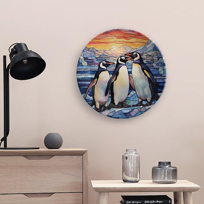 Decorative Plates for Wall Hanging, Penguins Family Snow Winter Stained Glass Painting Ceramic Plate w/ Display Stand, Home Decor for Kitchen Cabinets, Round Tray 10 Inch, Gift for Penguin Lovers